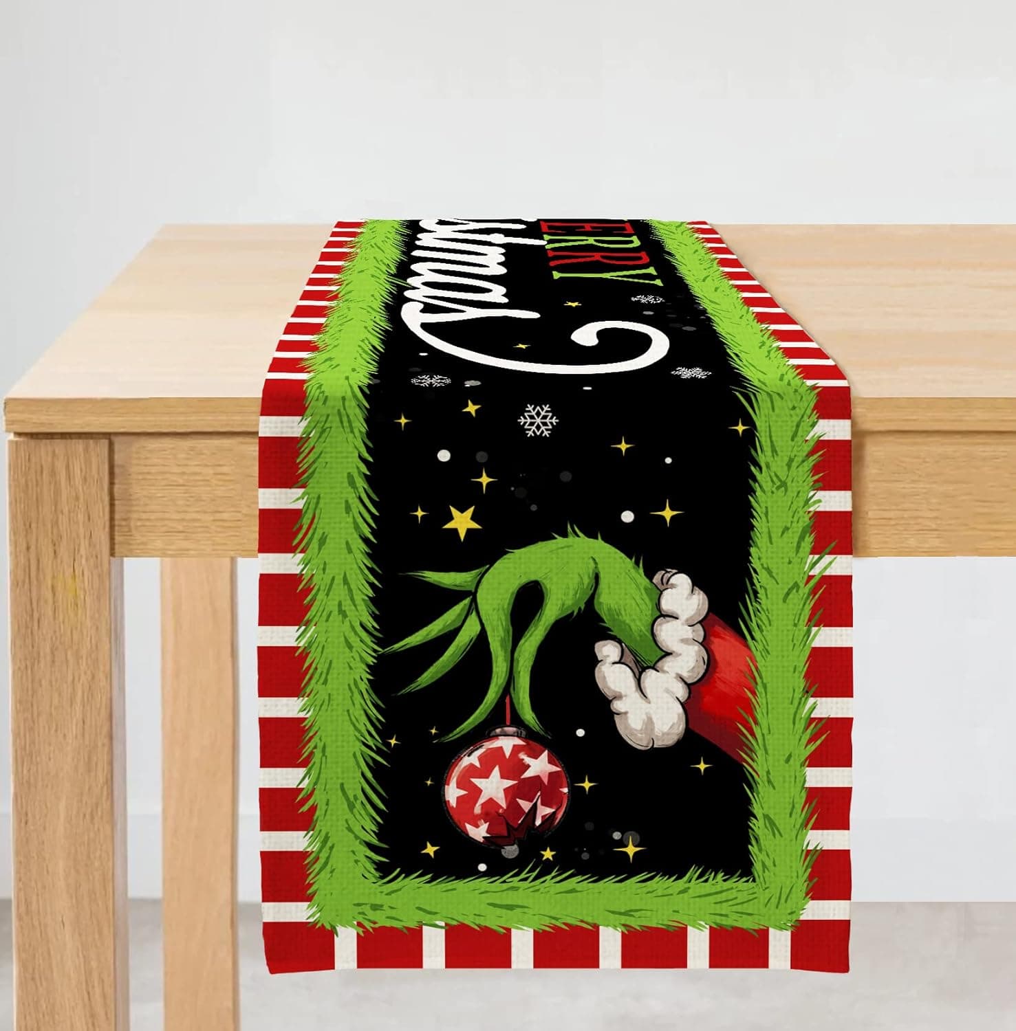 Merry Christmas Green Black Red Stripes Table Runner 13x72 Inches Long Farmhouse Indoor Outdoor Vintage Winter Xmas Holiday Theme Gathering Dinner Party Holiday Decor AT049