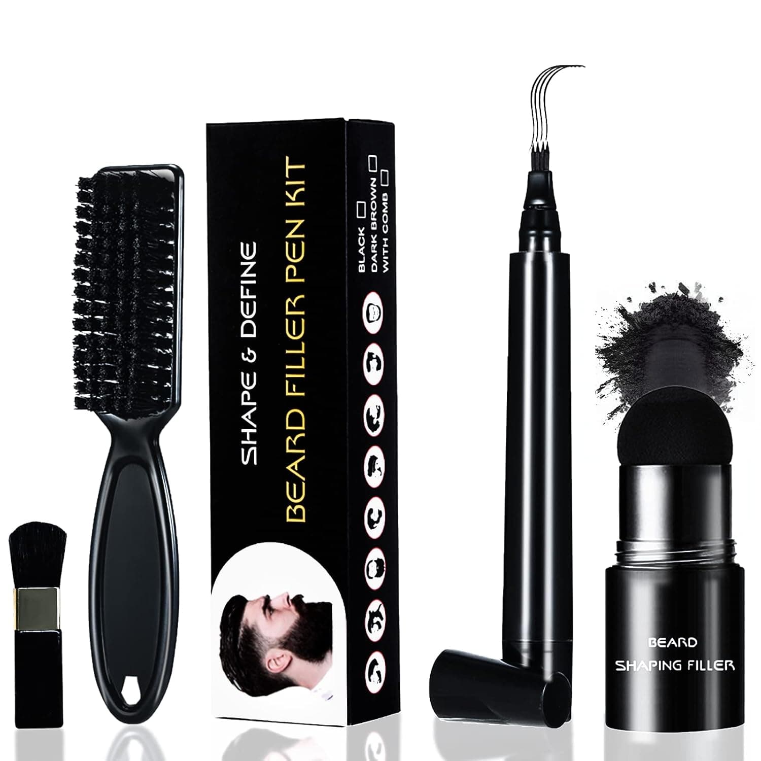 Beard Pencil Filler for Men Black, 4-Tip Beard Filler Pen Waterproof & Long Lasting Natural Makeup Beard Pen with Beard Brush Detailing Filler Moustache & Eyebrows (Black Beard Pen Kit)