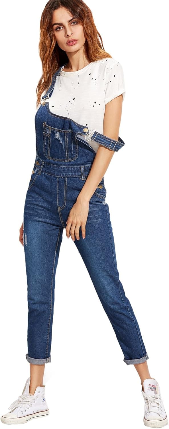 Verdusa Women's Classic Denim Bib Strap Ripped Pocket Overall Blue M