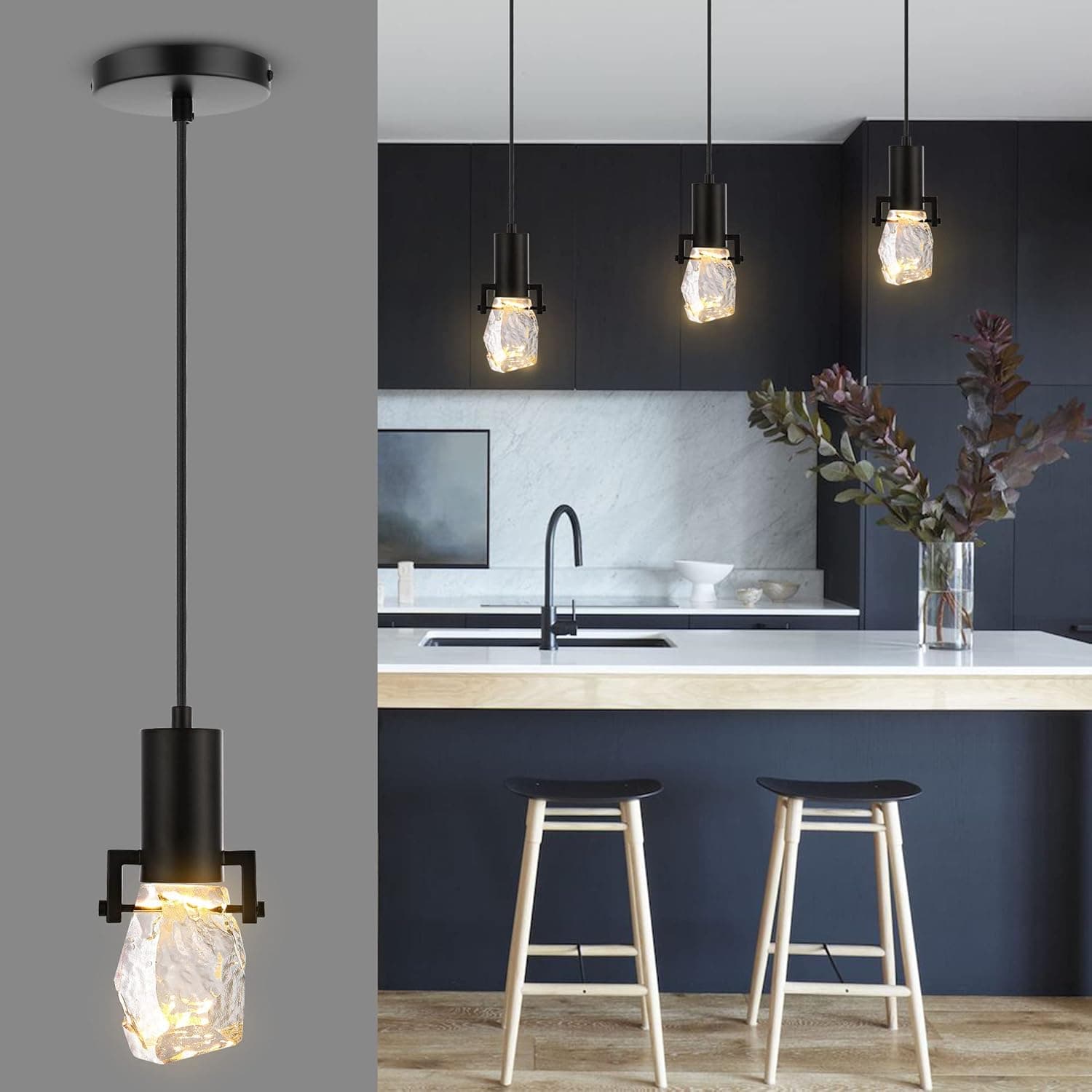 WINGBO 1-Light Modern Crystal Pendant Light Fixture Height Adjustable Hanging Light for Kitchen Island Dining Room Living Room Bedroom Restaurant Bar, Black