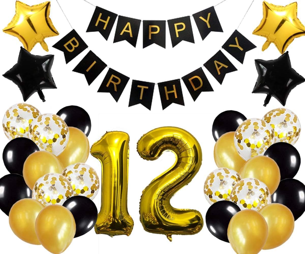 12th Birthday Party Decorations Kit Happy Birthday Banner with Number 12 Birthday Balloons for Birthday Party Supplies 12th Gold and Black Birthday Party Pack