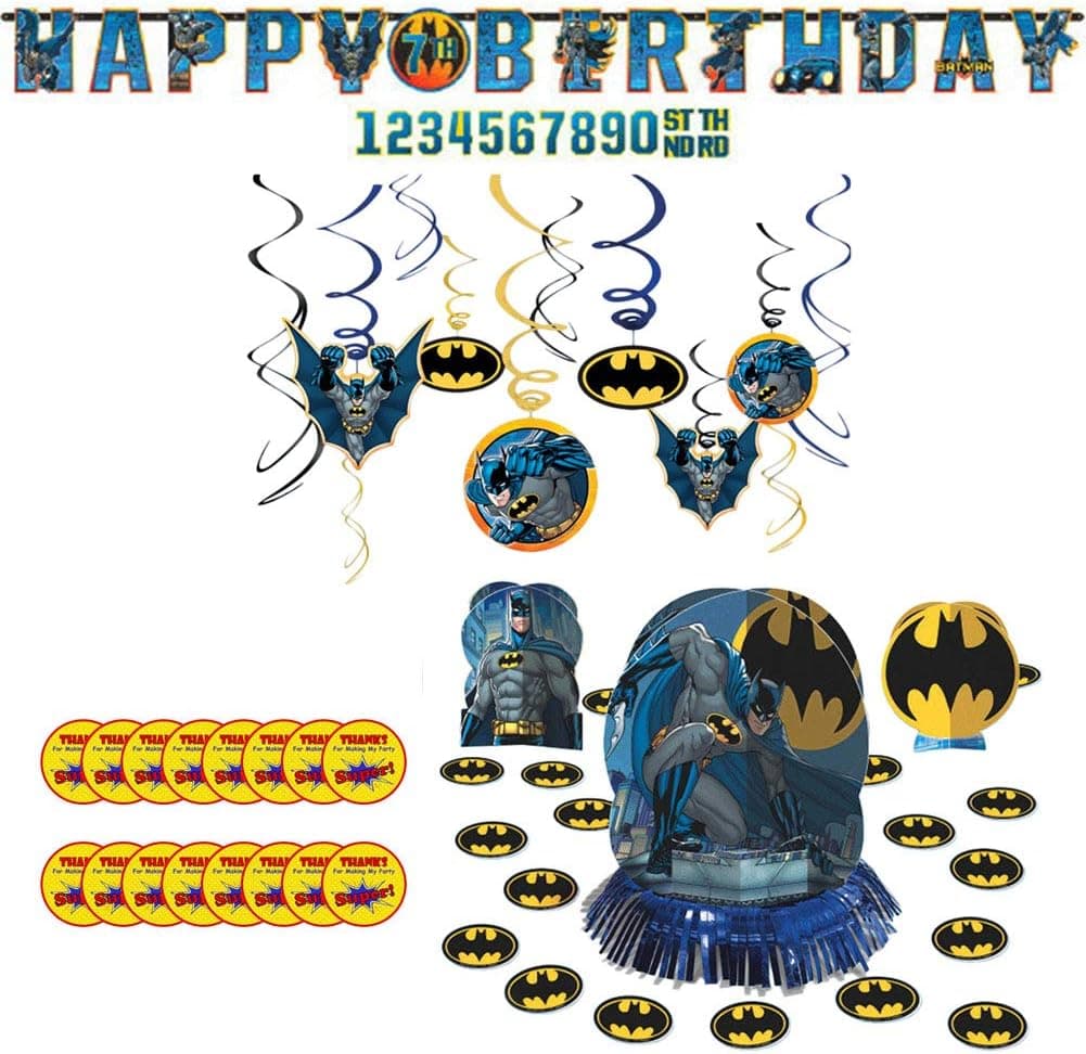 Batman Party Supplies Pack for 16 Guests: Stickers, Banner, Hanging Swirls, and Table Decorating Kit
