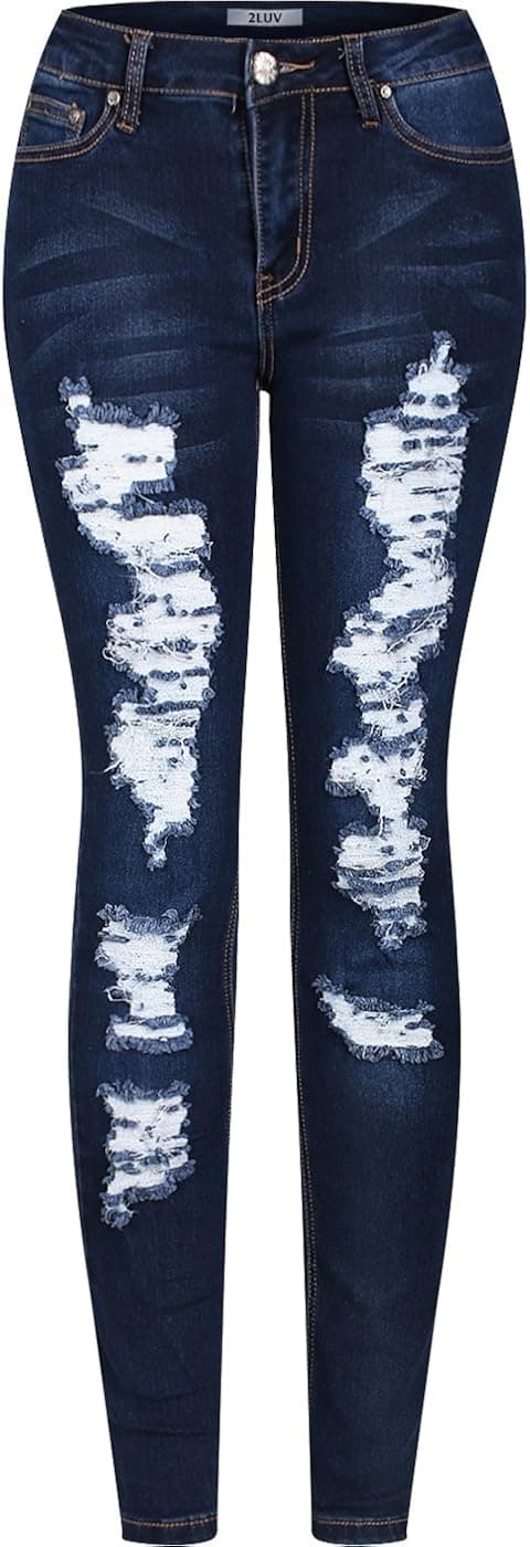 2LUV Women's Stretchy 5 Pocket Destroyed Dark Denim Skinny JeansÂ