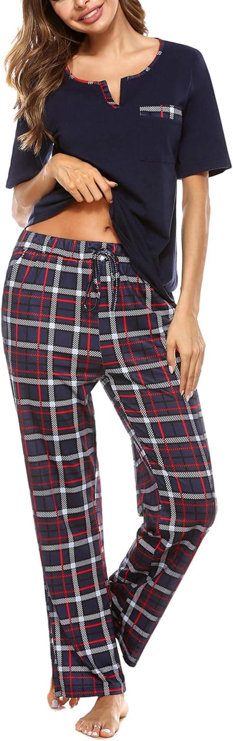 Women's Pajamas Set V-Neck Cotton Short Sleeve Sleepwear Long Pants Plaid Nightwear Soft Pjs Lounge Sets with Pockets S-XXL