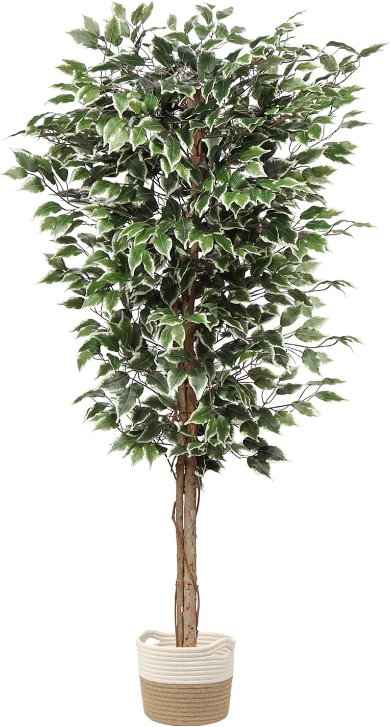 plant Artificial Ficus Tree 6ft in Cotton Pot Fake Silk Plant with Green White Leaves Natural Trunk for Indoor Outdoor Home Garden Decor