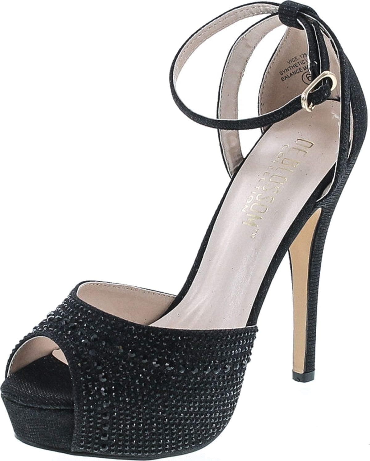 Blossom Womens Vice-126 Bridal Formal Evening Party Ankle Strap High Heel Peep Toe Glitter Sandal,Black,8