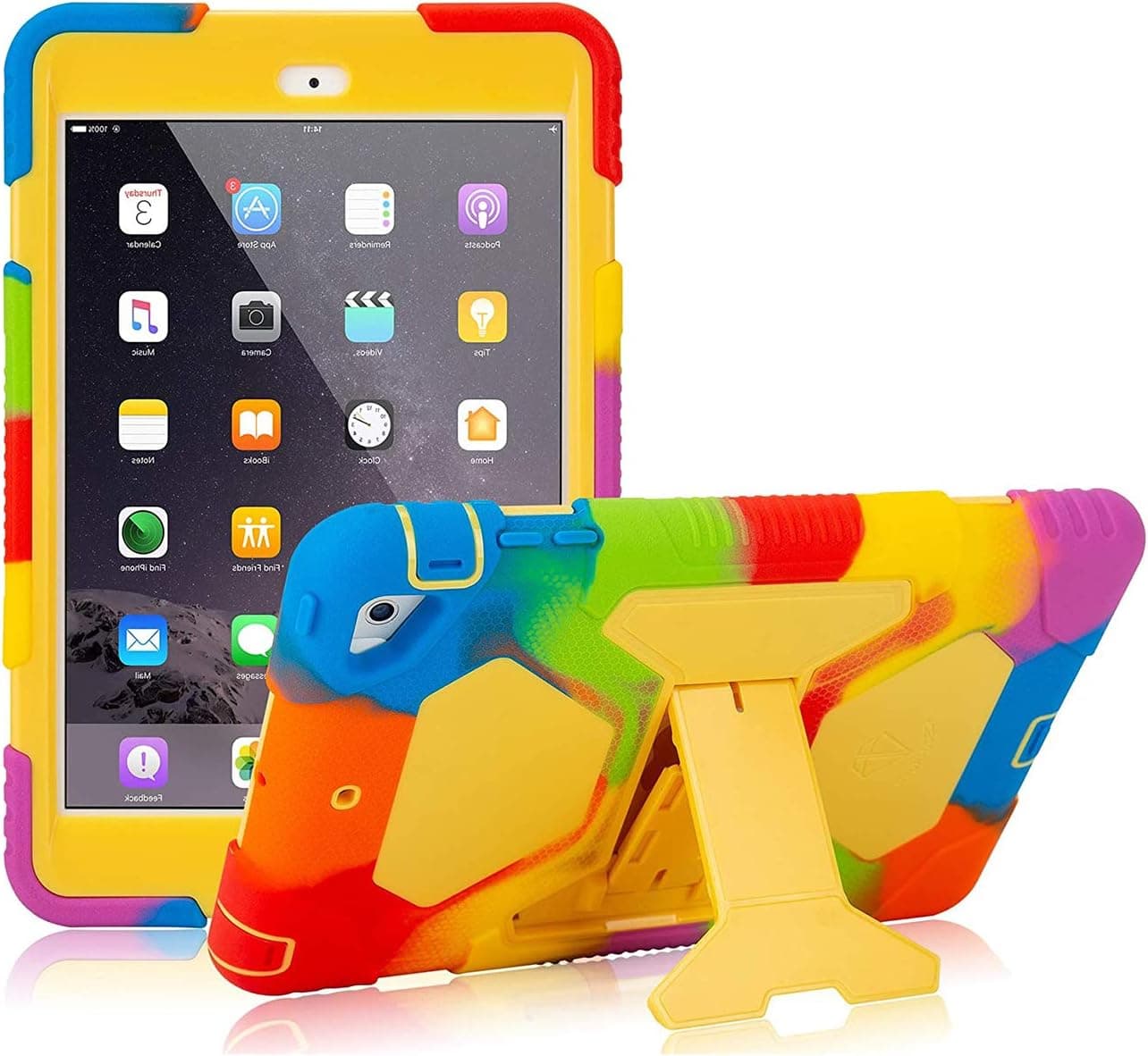 iPad Mini Case, iPad Mini 2 Case, iPad Mini 3 Kids Case Shockproof Drop Resistance Soft Silicone Cover with Adjustable Kickstand (Rainbow Yellow)