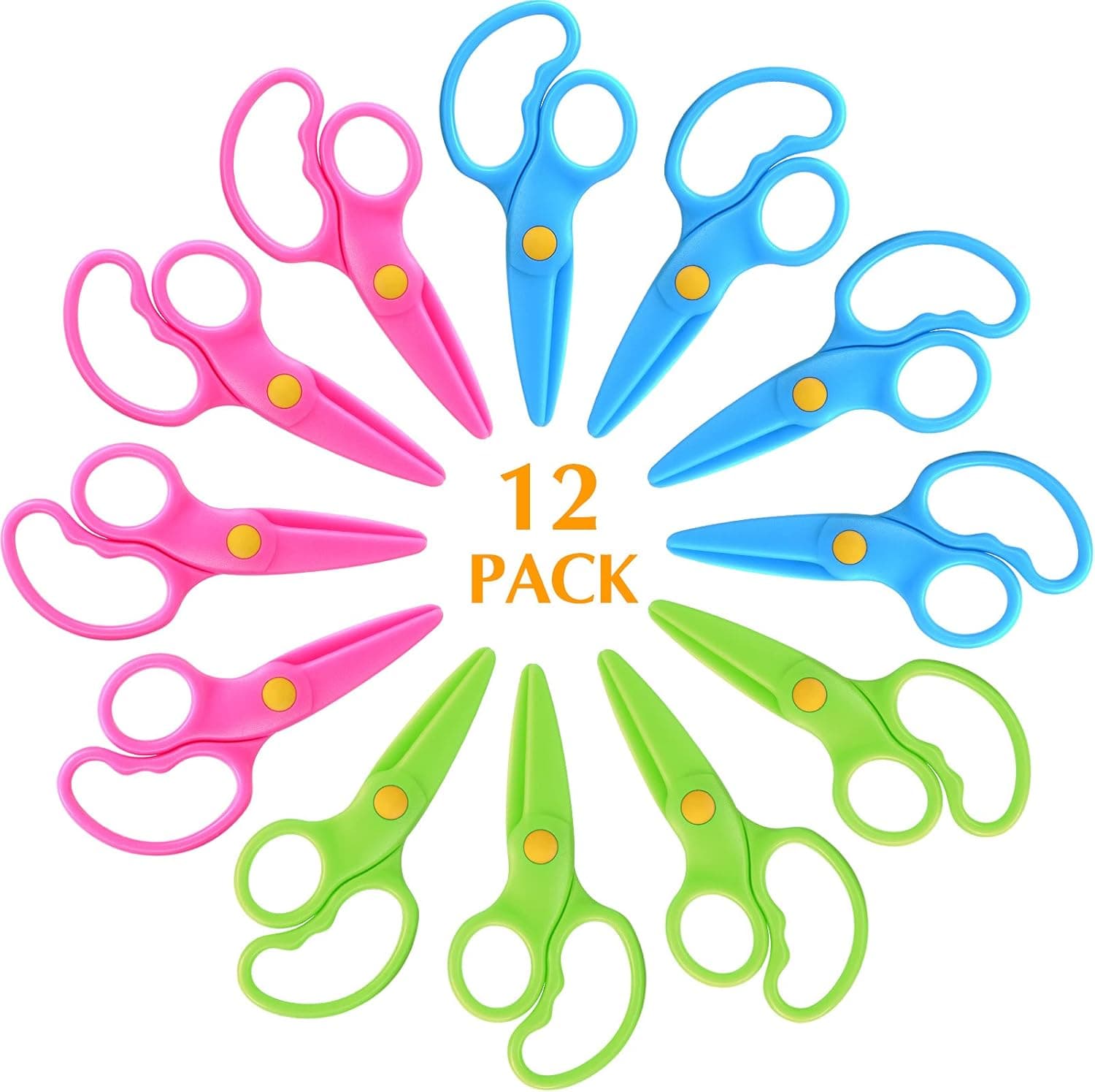 12 Pairs Safety Scissors Plastic Toddler Scissors Pink Blue Green Toddler Safety Scissors 4.96 Inch Blunt Edged Toddler Safe Scissors Ages 4-7 Children's Scissors for Pre-school Training Paper Cutting