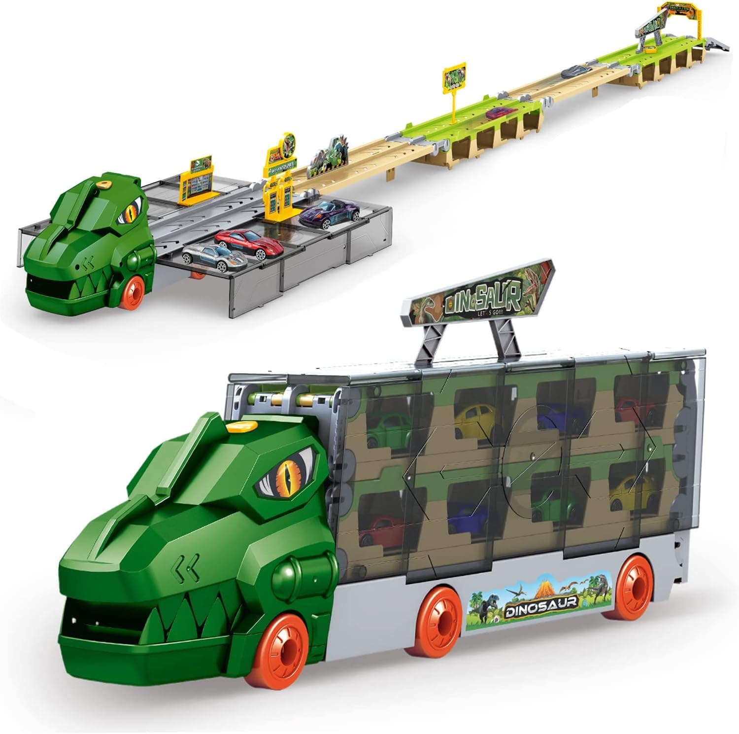 Dinosaur Cars Toys with 81.5inch Dino Track, Carrier Transport Dinosaur Truck with 6pcs Die-cast Cars Toys for Kids 3 4 5 6, Parking Lot Garage Kids Toys for Boys 3-5 5-7 Years Old Gift