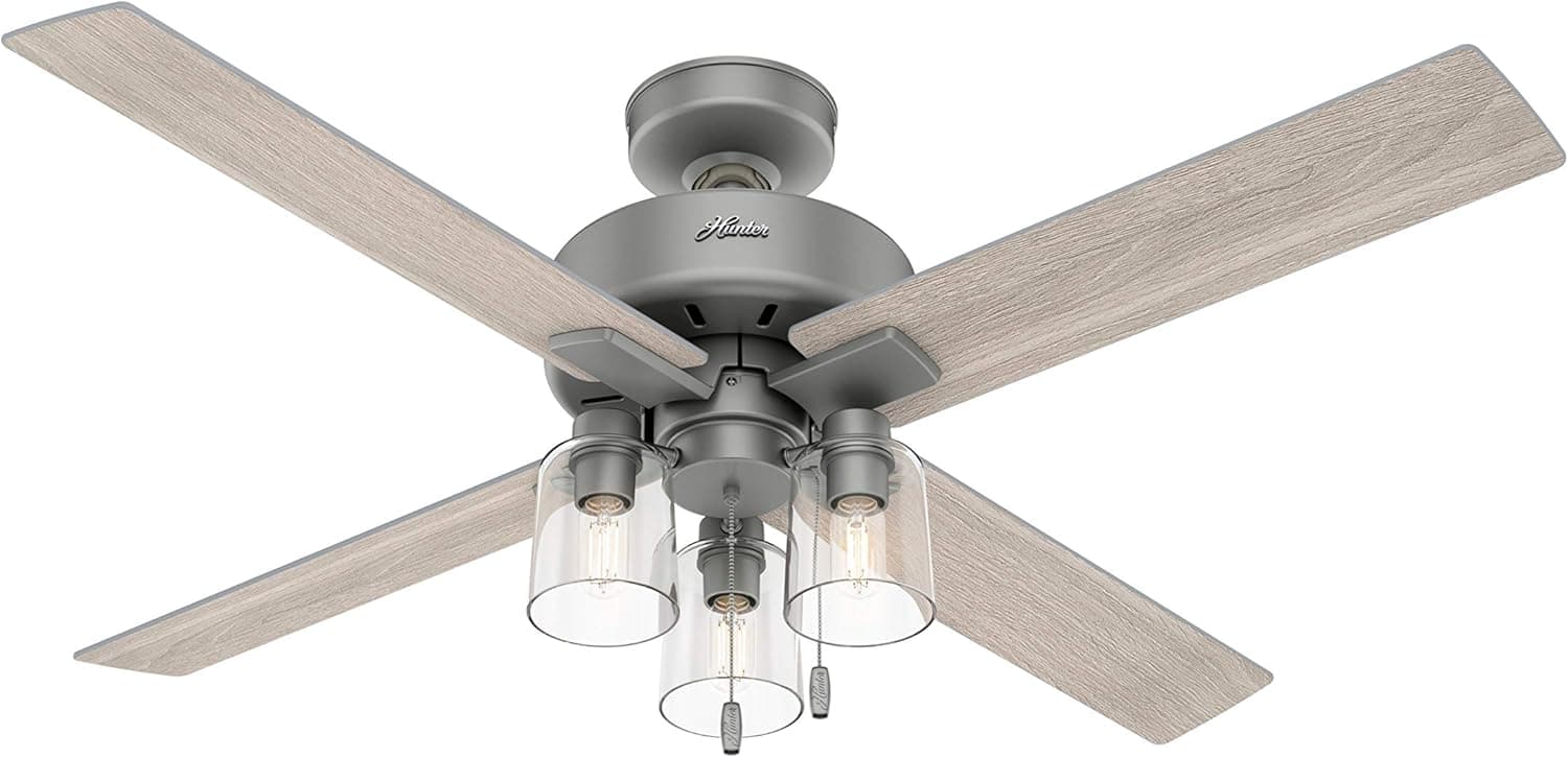 Hunter Pelston Indoor Ceiling Fan with LED Light and Pull Chain, 52", Matte Silver