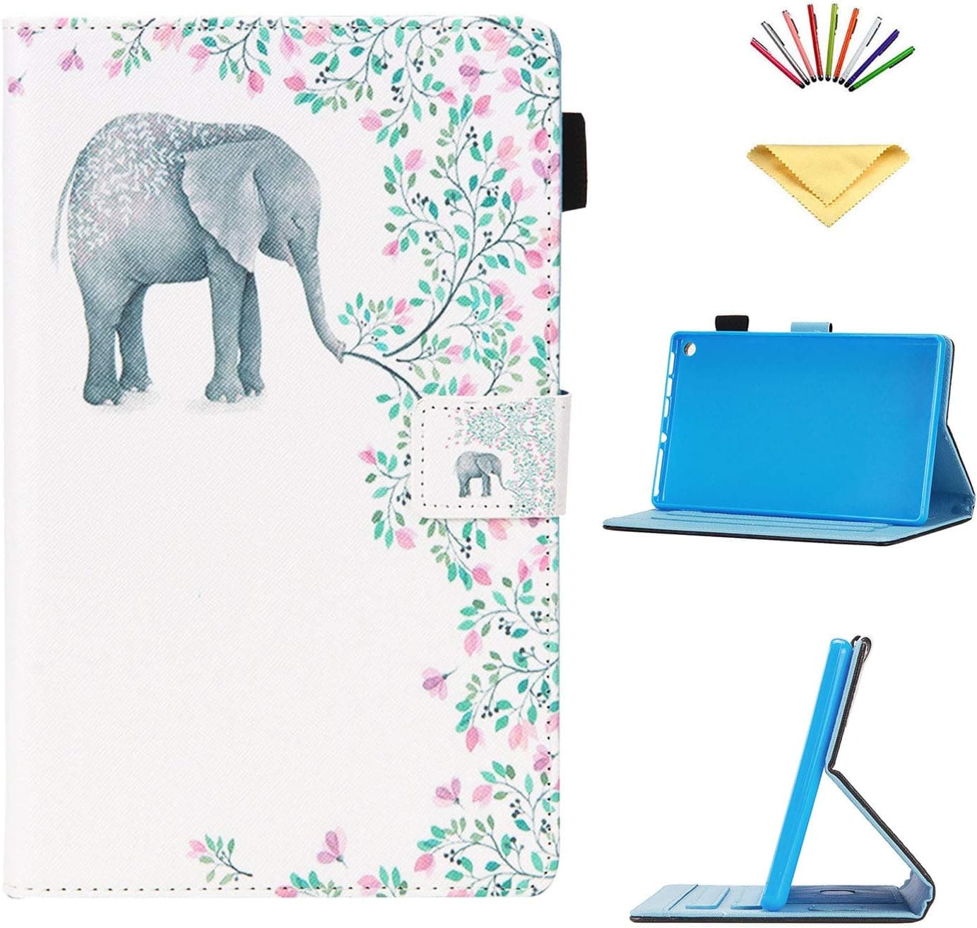 Uliking Case for 8" Amazon Kindle Fire HD 8 Tablet 8th/7th/6th Gen Case 2018/2017/2016, Smart PU Leather [Auto Wake/Sleep] Folio Cover with Stand Card Pocket Pencil Holder, Elephant Flower Tree