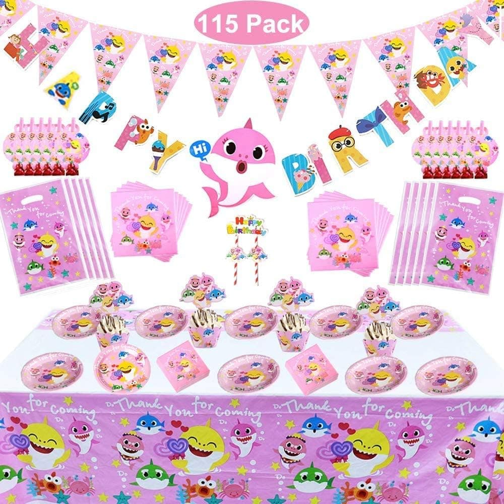 115pcs Baby Shark Birthday Decorations Children Carnival Shark Baby Party Supplies Decoration with Cartoons TableCloth Balloons,Banner,Plates, Tablecover, Shark Theme Party Fulfill from US