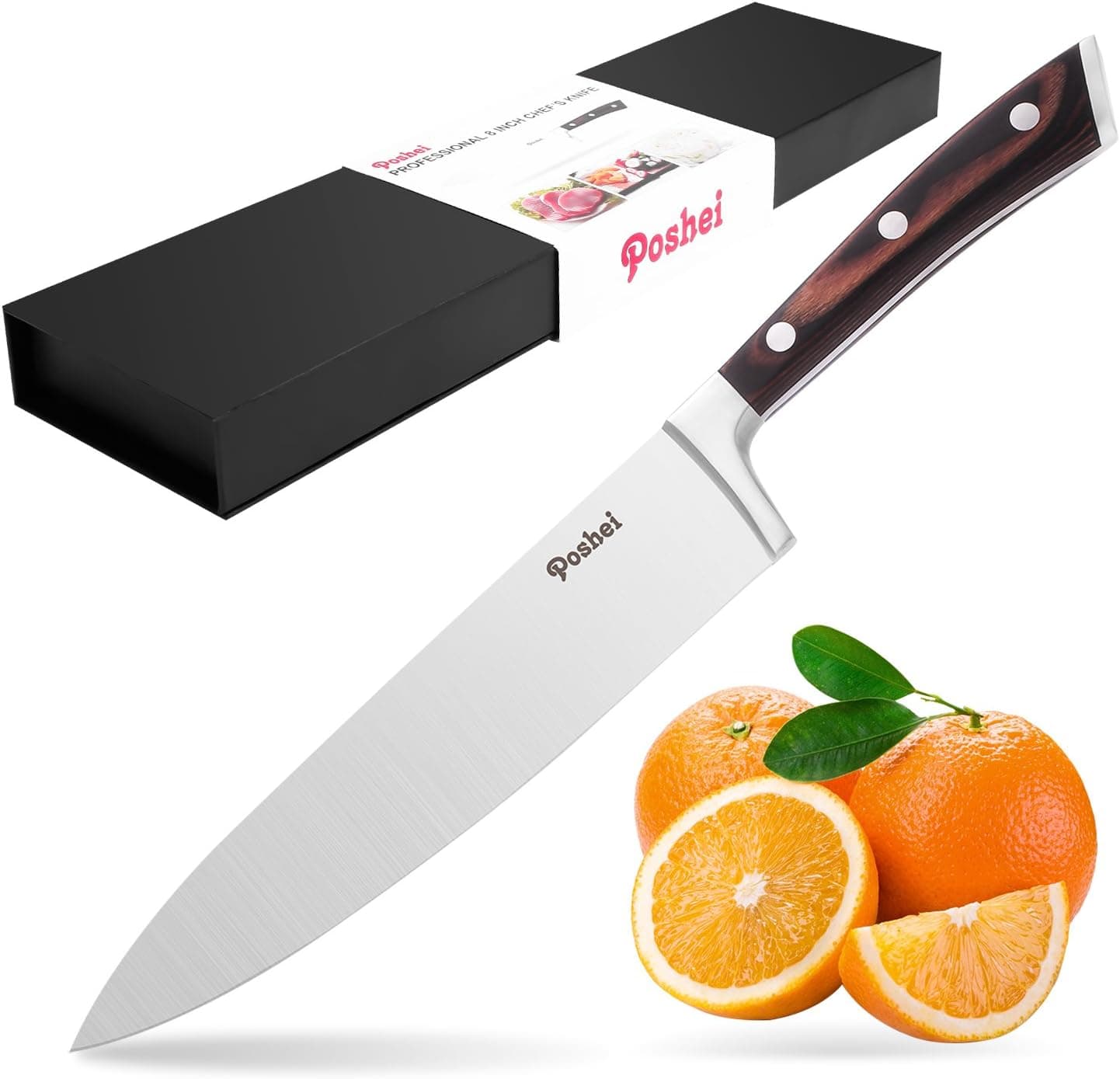 Chef Knife, Poshei 8 inch Multi-purpose High Carbon Stainless Steel Kitchen Knife with Razor Sharp Blade and Balanced Ergonomic Pakka Wood Handle with Gift Box