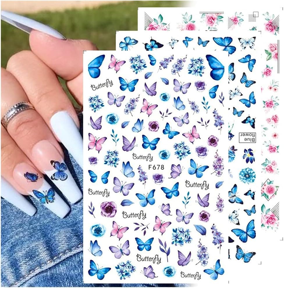 Dornail 8 Sheets Butterfly Nail Stickers Spring Summer Floral Flower Nail Decals Nail Accessories for Nail Art Decorations Supplies