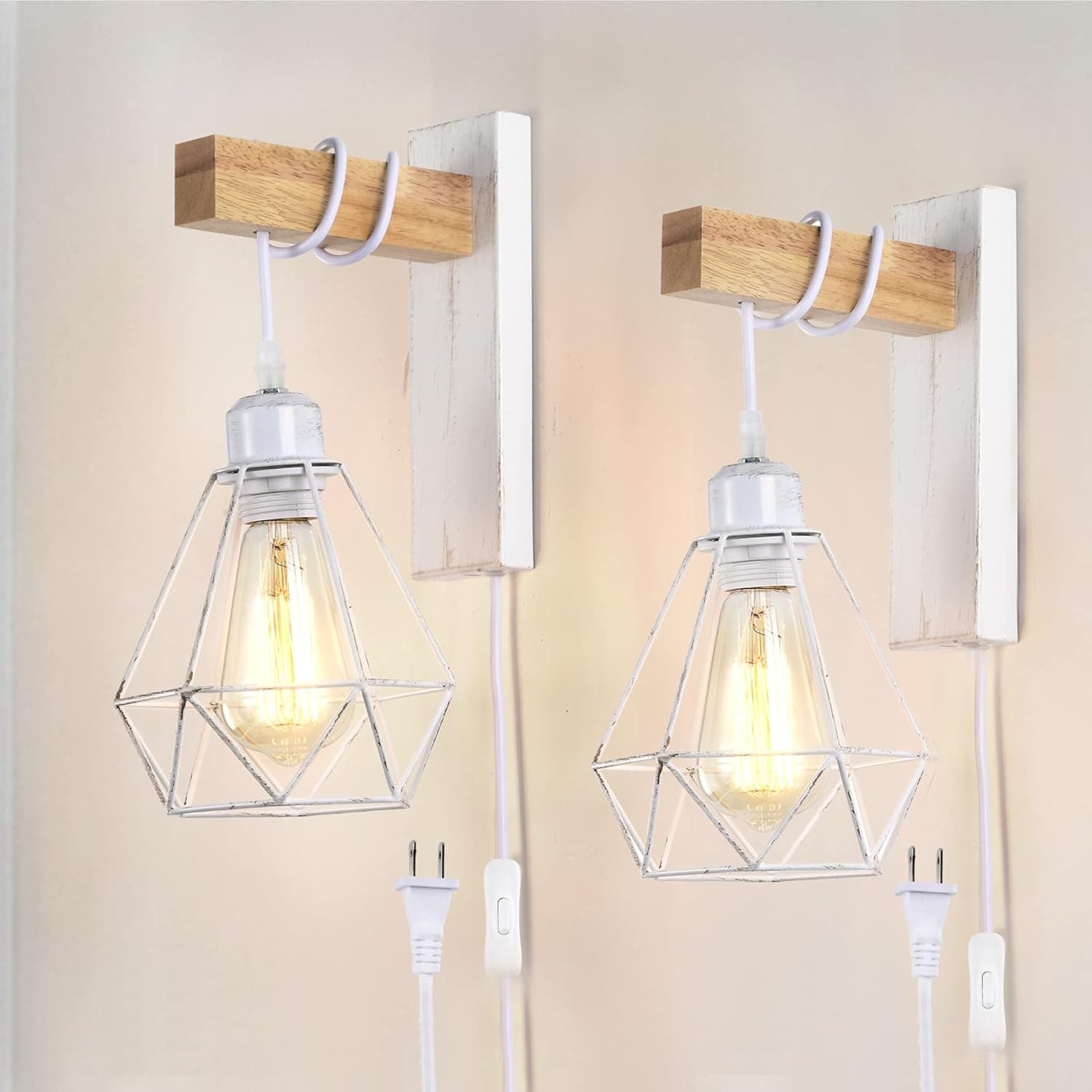 Plug in Wall Sconces Industrial Wall Lamp with 6ft Plug in Cord Plug-in Wall Mounted Light for Bedroom Farmhouse White Wall Lights Wood Wall Sconces Set of Two