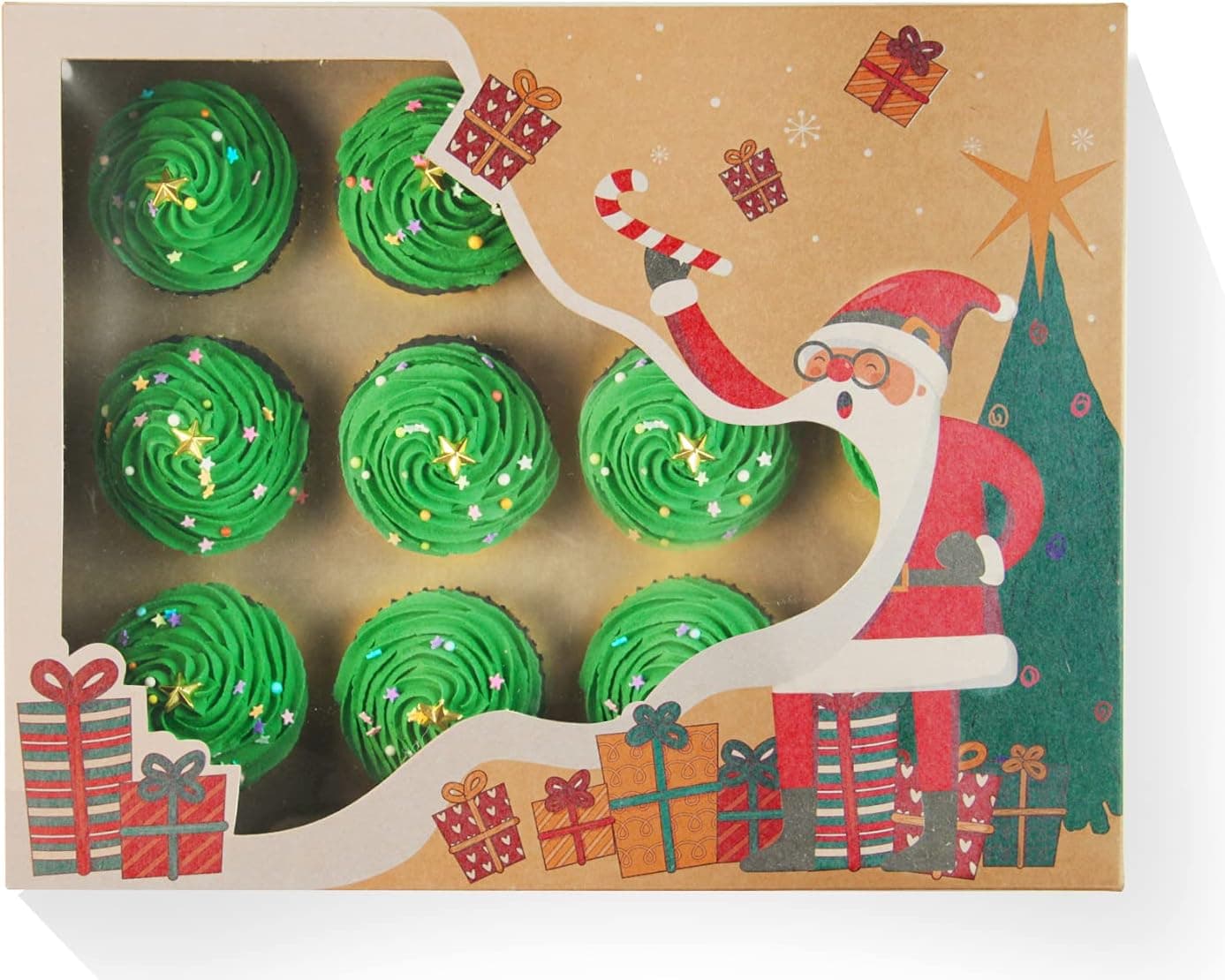 Yotruth Christmas Cupcake Boxes Hold 12 Cupcakes,15 Packs Kraft Bakery Boxes with Window 14"x10"x3.5" Cupcake Carriers Containers