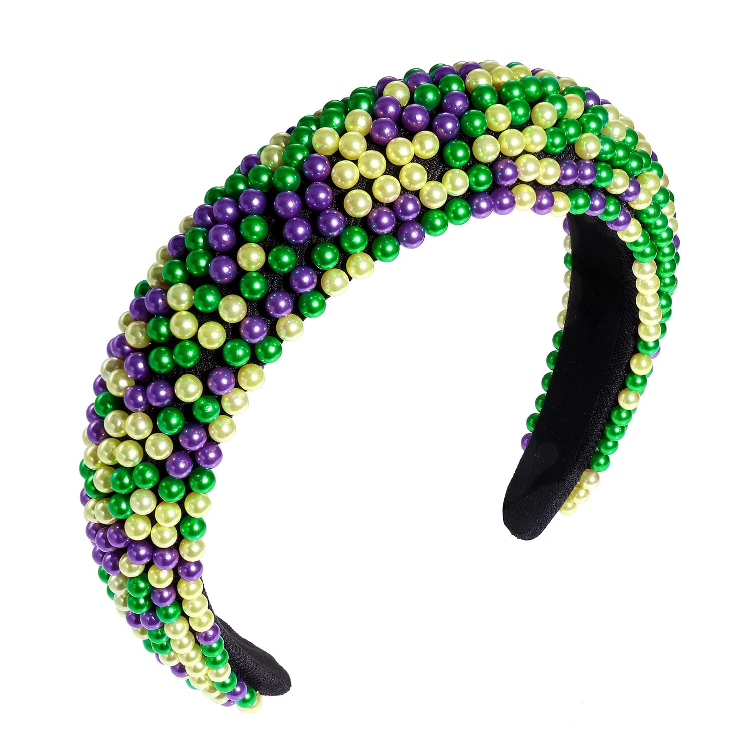 Mardi Gras Padded Headband for Women Handmade Purple Green Gold Beaded Headband Festival Embellished Hair Band Soft Velvet Elastic Hair Hoop for Mardi Gras Carvinal Parade Party (purple geen gold headband)