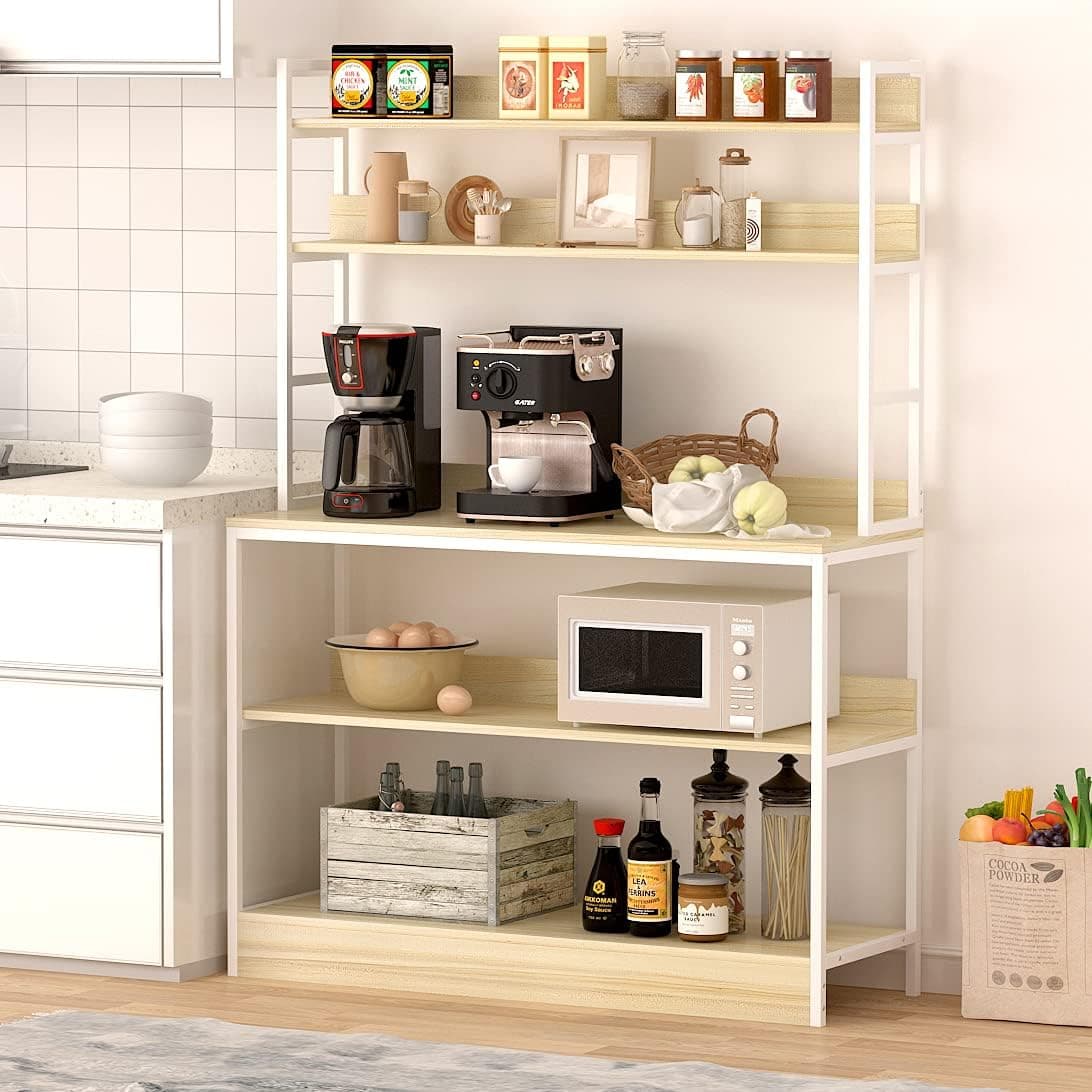 FUFU&GAGA 5-Tier Kitchen Bakers Rack with Hutch, Industrial Microwave Oven Stand, Free Standing Kitchen Utility Cart Storage Shelf Organizer for Spices, Pots, Pans, and Oven (Oak/White)