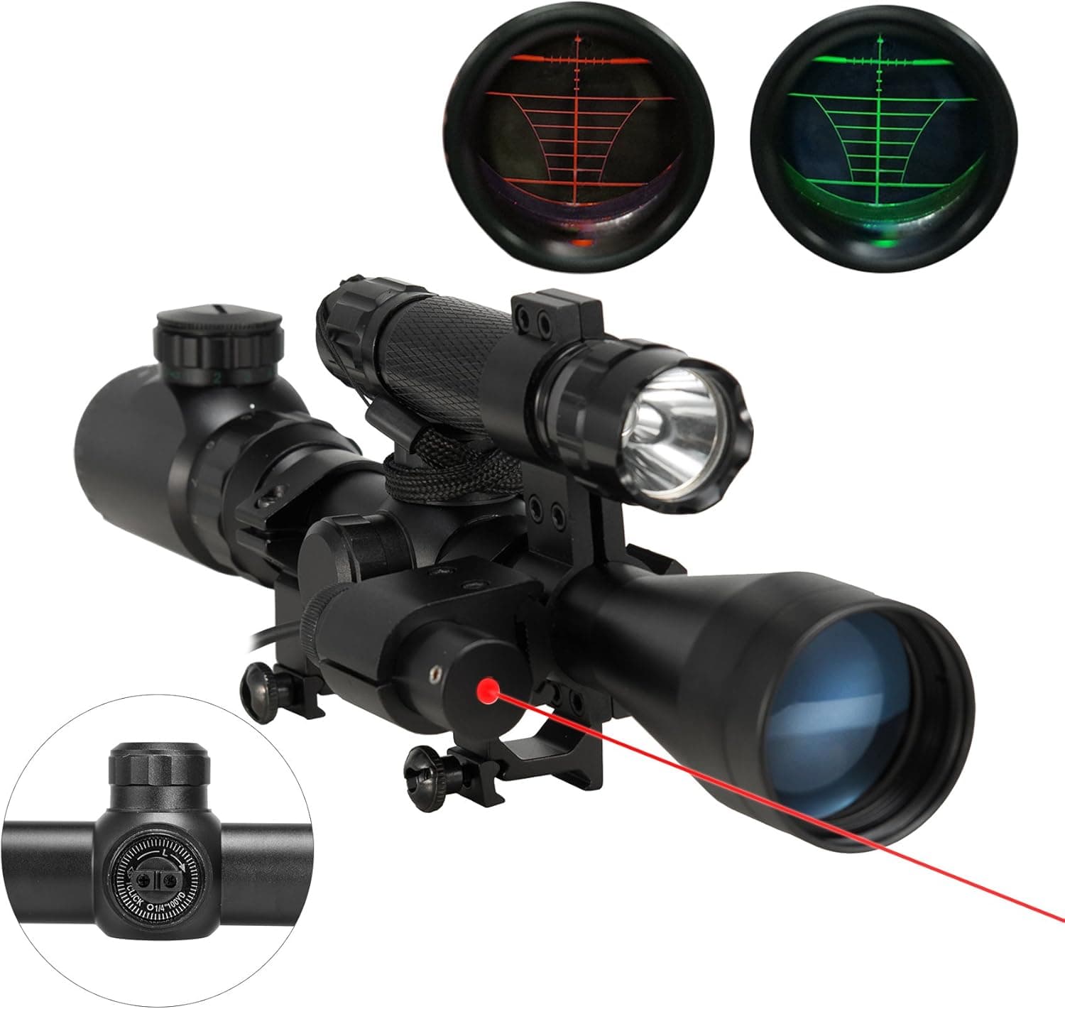 Pinty 3 in 1 3-9X40 Red Green Mil-Dot Illumination Reticle Riflescope Scope Combo with Laser Sight and Torch for Hunting
