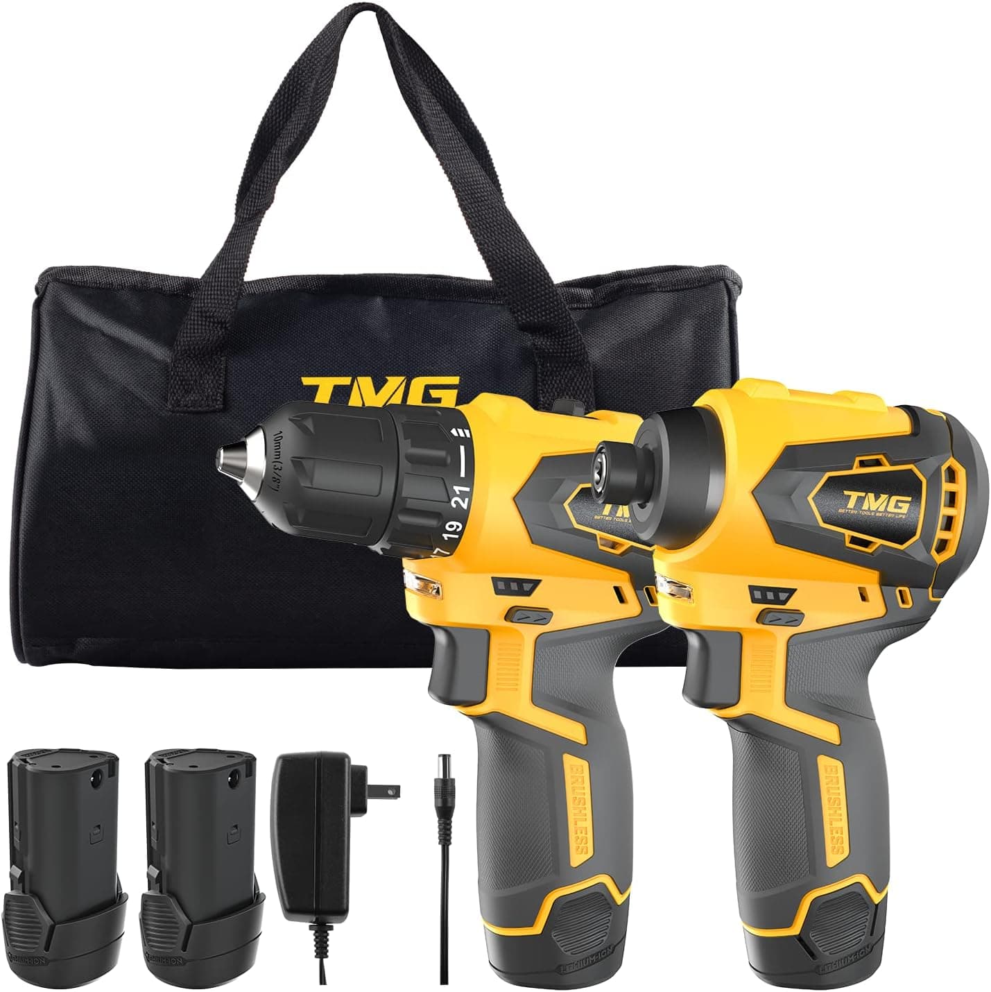 TMG Cordless Drill &Impact Driver Combo kit 12V Brushless Drill/Driver with 2.0 Ah batteries and Bag