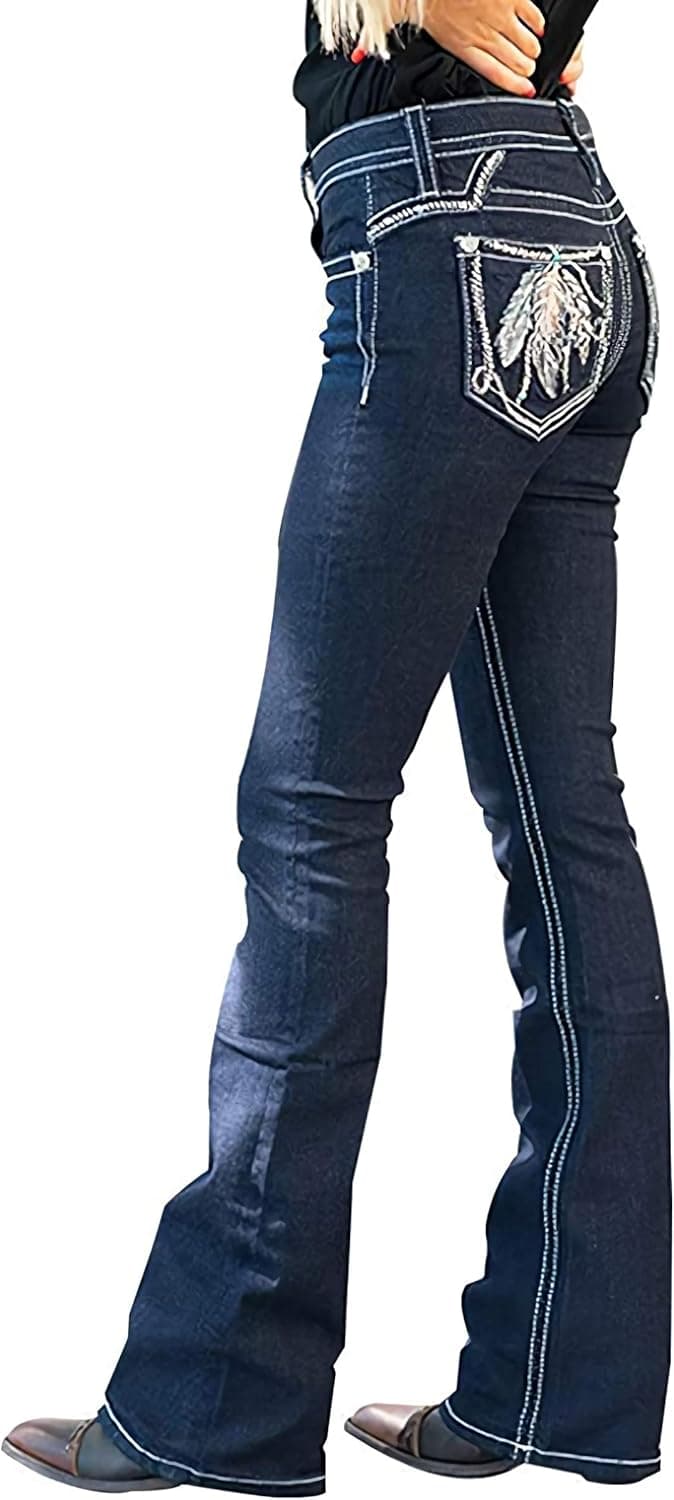 QJBMEI Bootcut Jeans for Women High Waisted Feather Embroidery Stretchy Slim Wide Leg Denim Pants