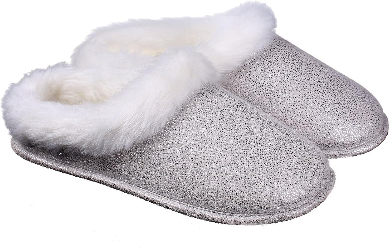 ofoot Womens Winter Warm Moccasin Suede Faux Fur House Slippers MulesThick Memory Foam Furry House Shoes Indoor Outdoor Non-Slip Rubber Bottoms