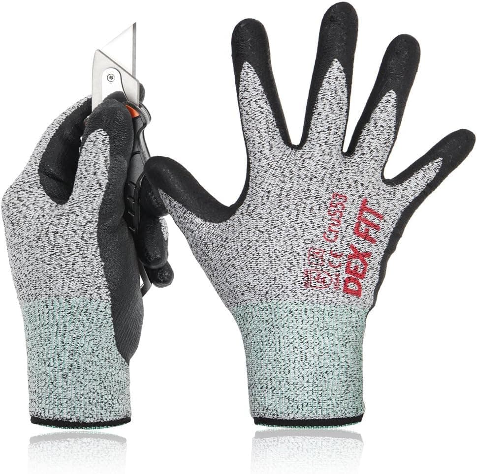 DEX FIT Level 5 Cut Resistant Gloves Cru553, 3D Comfort Stretch Fit, Durable Power Grip Foam Nitrile, Pass FDA Food Contact, Smart Touch, Thin Machine Washable, Grey Small 1 Pair
