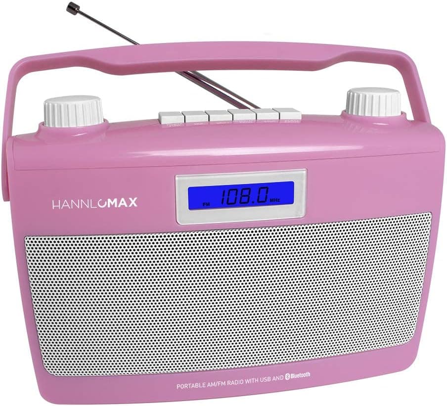 HANNLOMAX HX-500R Portable AM/FM Radio, Bluetooth, USB Port for MP3 Playback, Aux-in, AC/DC Dual Power Source. (Pink)