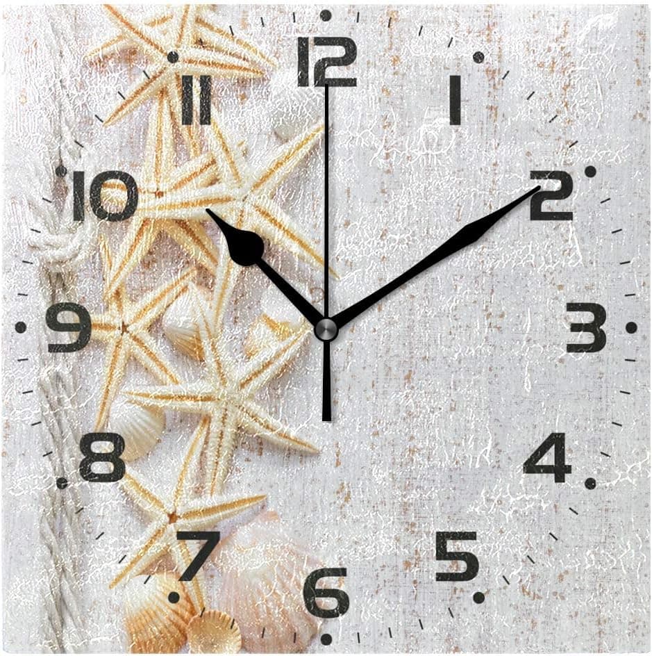 Naanle Nautical Starfish Seashells with Rope On White Grunge Wooden Round/Square/Diamond Acrylic Wall Clock Oil Painting Home Office School Decorative Creative Dual Use Clock Art