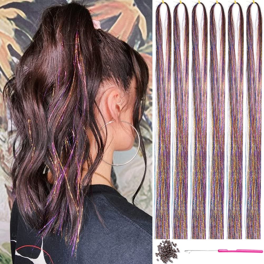 Hair Tinsel Kit With Tool Fairy Hair Tinsel Heat Resistant Rainbow Tinsel Hair Extensions 1200 Strands, Sparkling Shiny Hair Tinsel Highlights Glitter Tinsel Hair Extensions for Women Girls Children (Rainbow)