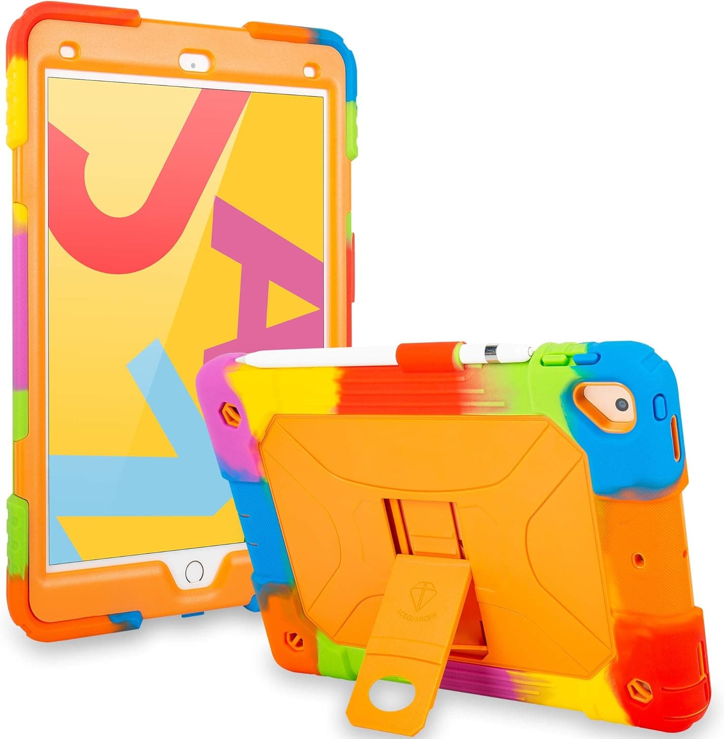 ACEGUARDER iPad 10.2 Case 2019 iPad 7th Generation Case iPad 10.5 Case 2017/2019, Heavy Duty Shockproof Soft Silicone Cover with Pencil Holder & Kickstand - Rainbow Orange