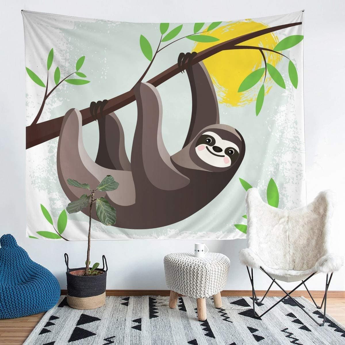 Feelyou Kids Cartoon Sloth Tapestry Wall Hanging Cute Animal Pattern Tapestry for Boys Girls Lovely Brown Wildlife Wall Tapestry Tree Branches Wall Art Decor for Bedroom Living Room,Large 59x82 Inch