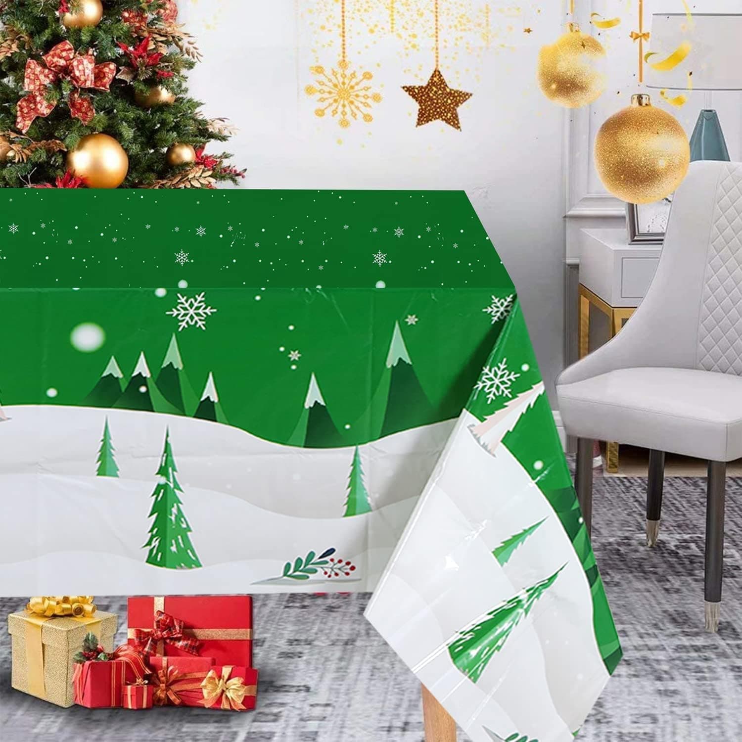 Waterproof Christmas Tablecloth Seasonal Winter Christmas Holiday Kitchen Dining Table Decoration Snowflake and Evergreen Tree Green Table Cover for Indoor Outdoor Home Party Decor(2pcs)