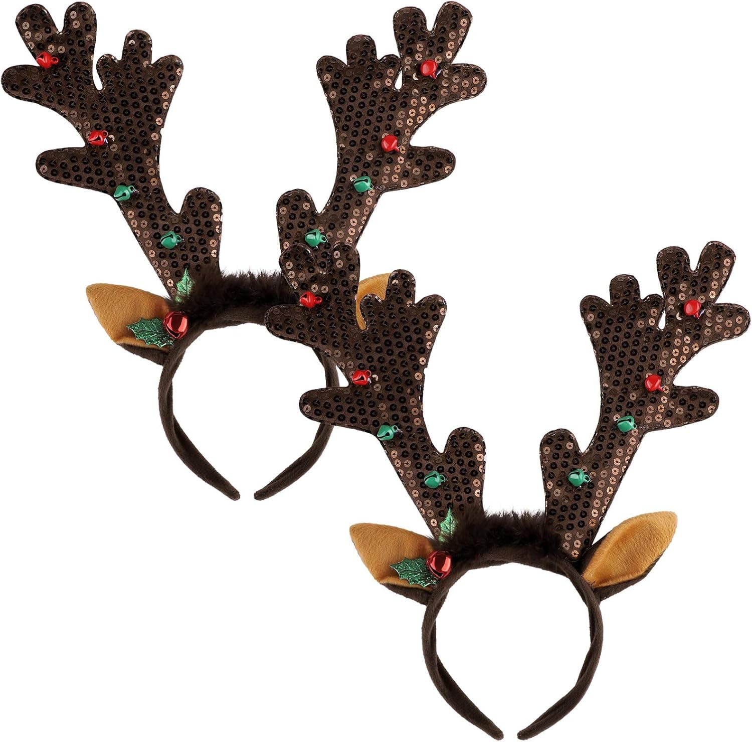 ADXCO 2 Pack Reindeer Antlers Headwear Ornaments Brown Christmas Headband with Jingle Bells for Young People and Adults