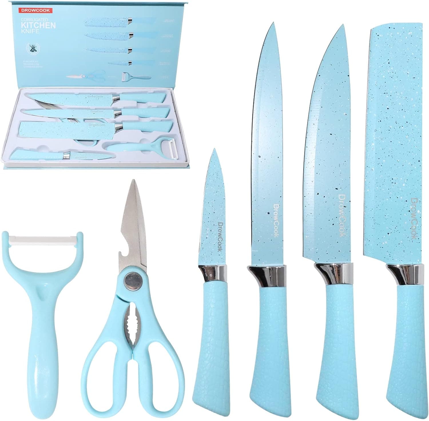6PCS Kitchen Knife Set in Gift Box, Chef Knife, Cleaver Knife, Carving Knife, Paring Knife, Kitchen Scissors, Peeler, High Carbon Stainless Steel Blade Super Sharp, Non Stick Coating (Blue)