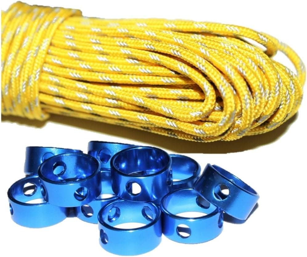 Balsam Point Outfitters Ultra-Reflective Tent Guyline Support Kit - Includes 10 Aluminum Adjusters and Highly Reflective 2.5 mm Paracord 15 Meters (~ 49 feet)