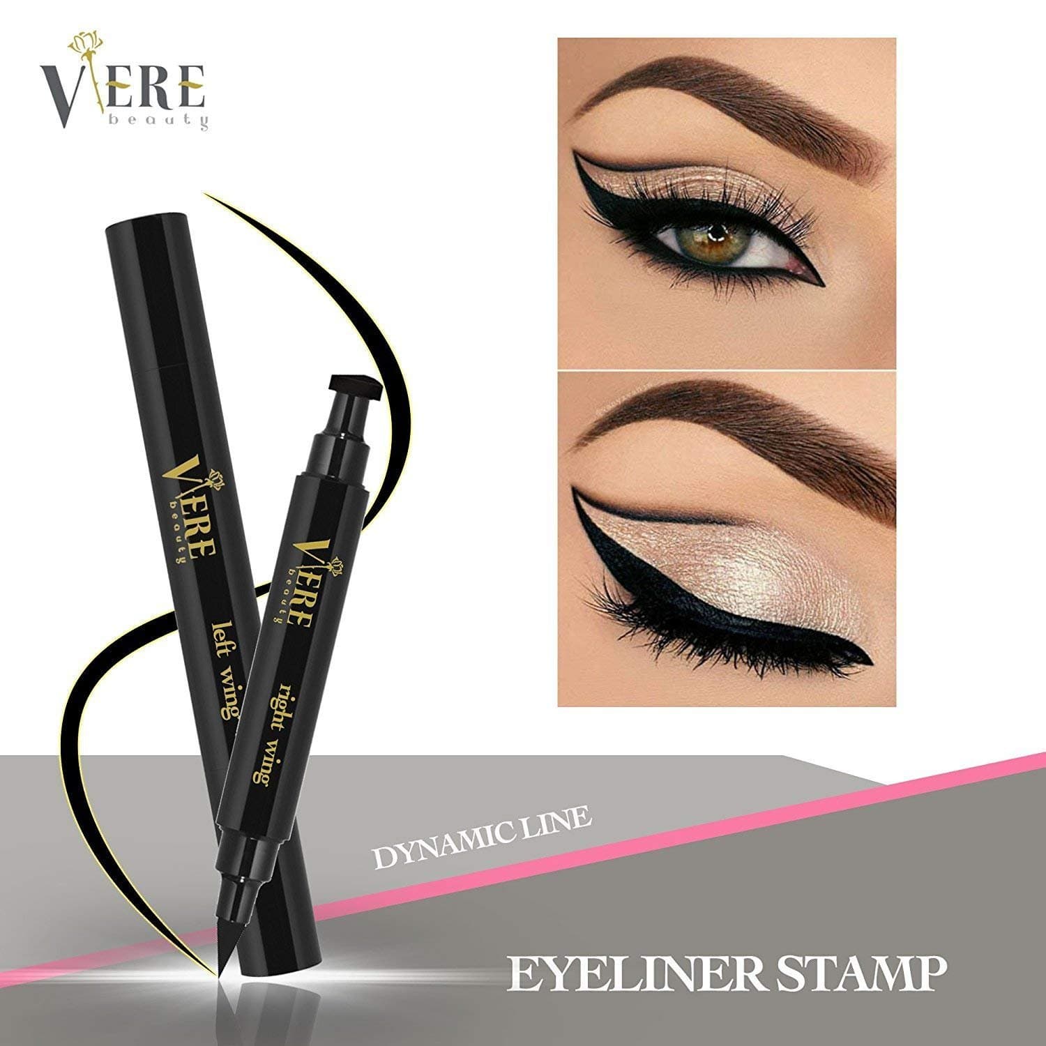 Eye Liner Stamp--By VereBeauty, Eyeliner, Vamp Stamp Dual Ends, Waterproof Smudge Proof Long Lasting With Wing Stamp Liquid Stamp Eyeliner Black, Left and Right 2 Pens