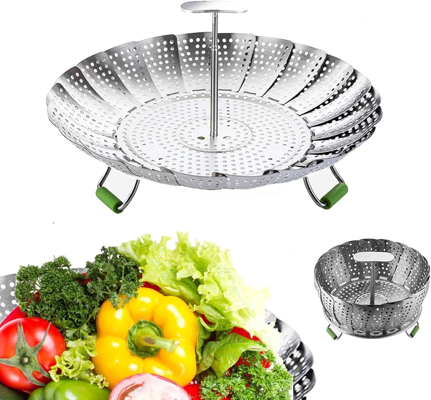 Vegetables Steamer Basket for Cooking, Folding Veggie Steamer Insert Steaming Basket Expandable to fit Various Size Pot with Telescoping Removable Handle (5.5" to 9")