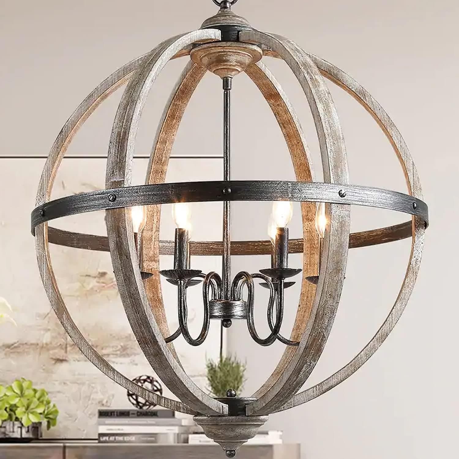 KSANA Wood Orb Chandelier, 27" Large Globe Chandeliers for Dining Rooms, Living Room and Foyer