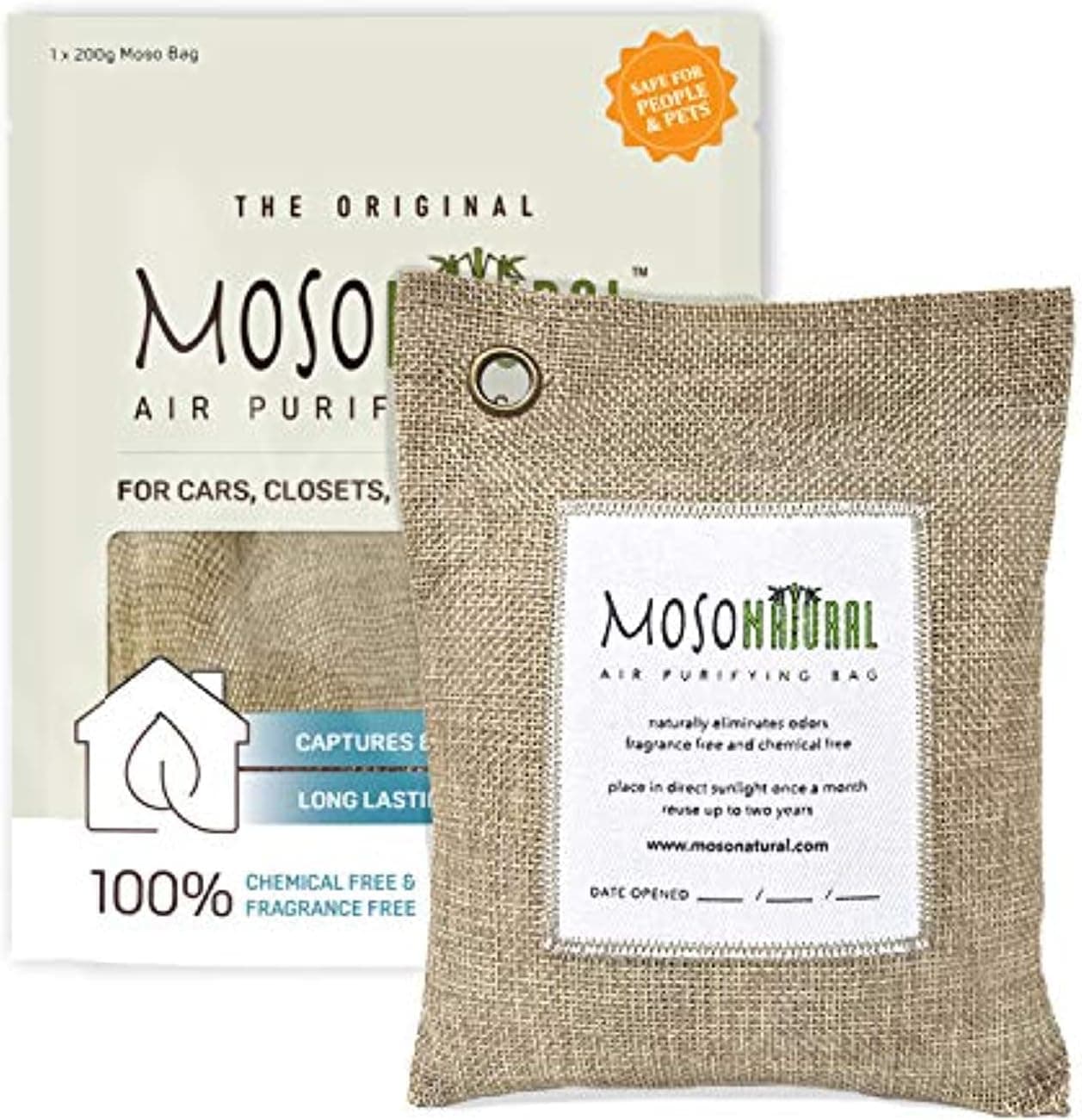 MOSO NATURAL Air Purifying Bag 200g. A Scent Free Odor Eliminator for Cars, Closets, Bathrooms, Pet Areas. Premium Moso Bamboo Charcoal Odor Absorber. (Beige Linen)