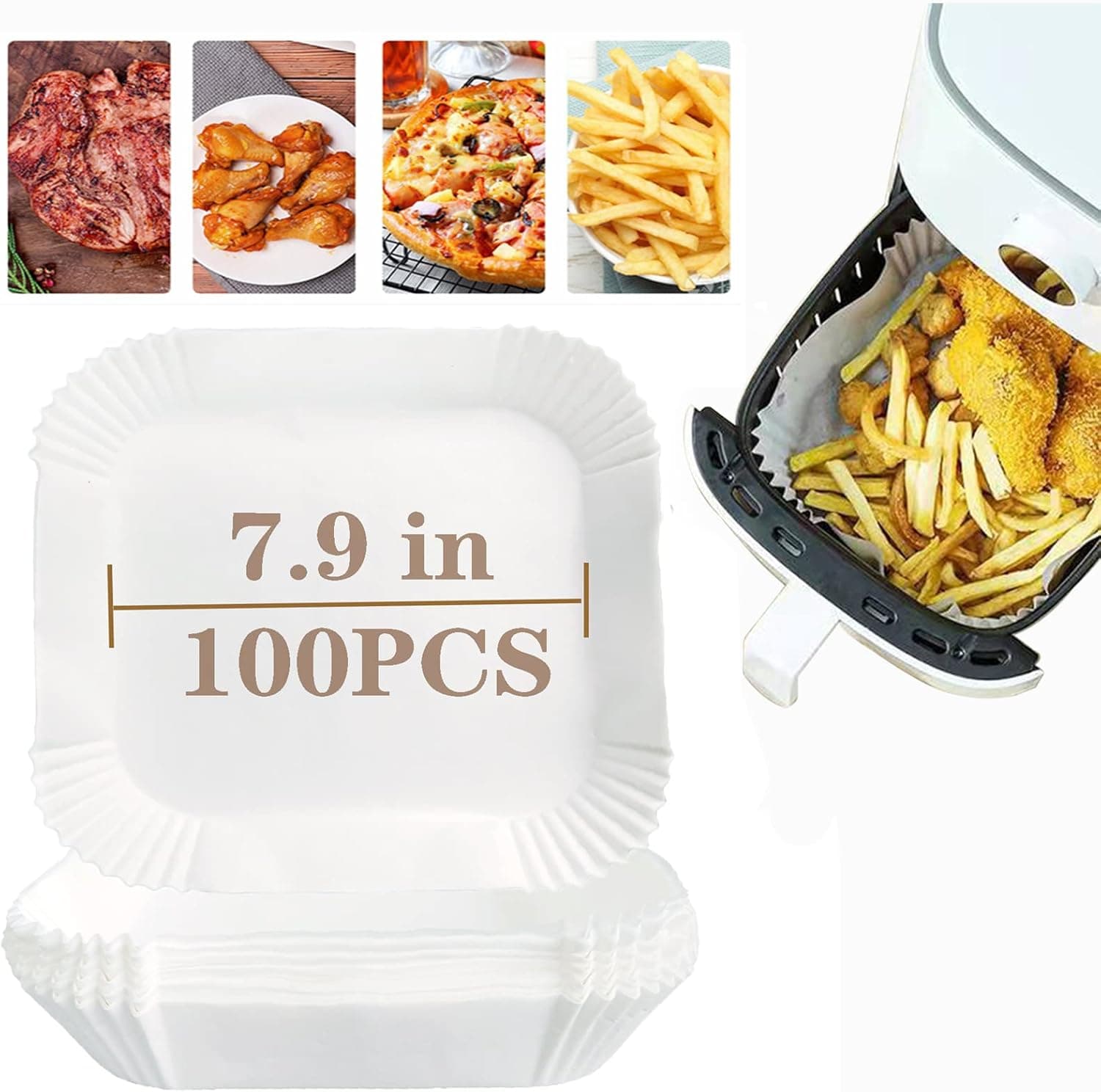 Air Fryer Disposable Paper Liner, 100 pcs 7.8 Inch Square Disposable Non-Stick Air Fryer Parchment Paper Liners, Thickened Waterproof and Oil-Proof High Temperature Baking Paper, Fits Most Air Fryers (7.9inch-White)