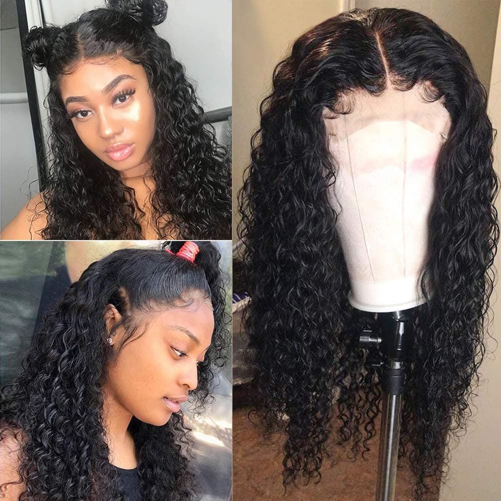 HC Hair Deep Curly Lace Front Wigs Glueless Human Hair Wigs with Baby Hair 150% Density Brazilian Remy Hair Wigs with Lace Frontal Wigs Pre Plucked Wet and Wavy (24inch, Natural color)