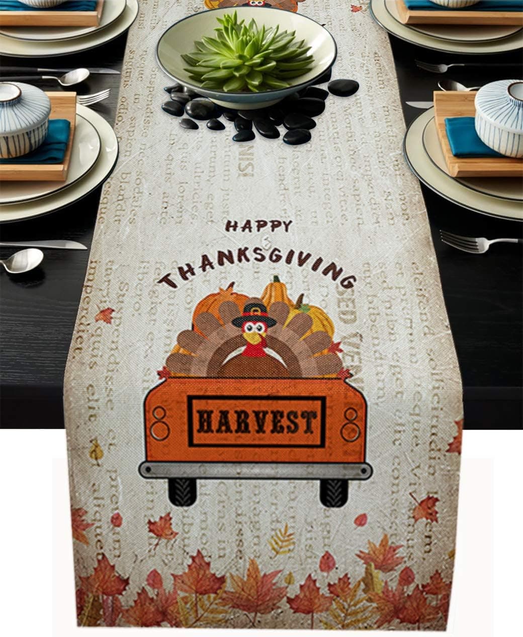 Table Runner 108 Inches Long for Dining Coffee Table, Cartoon Truck with Turkey Chicken Pumlpkin Burlap Rectangle Table Cloth Decor Birthday Wedding Holiday Party, 13"x 108" Retro Newspaper