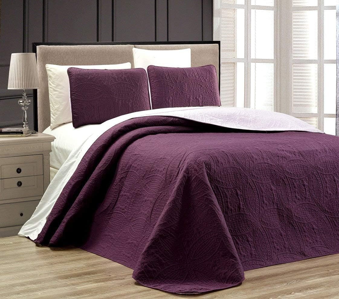 Grand Linen 3-Piece Dark Purple/Light Purple Oversize ORNATO Reversible Bedspread King/Cal King Embossed Coverlet Set 118 by 106-Inch