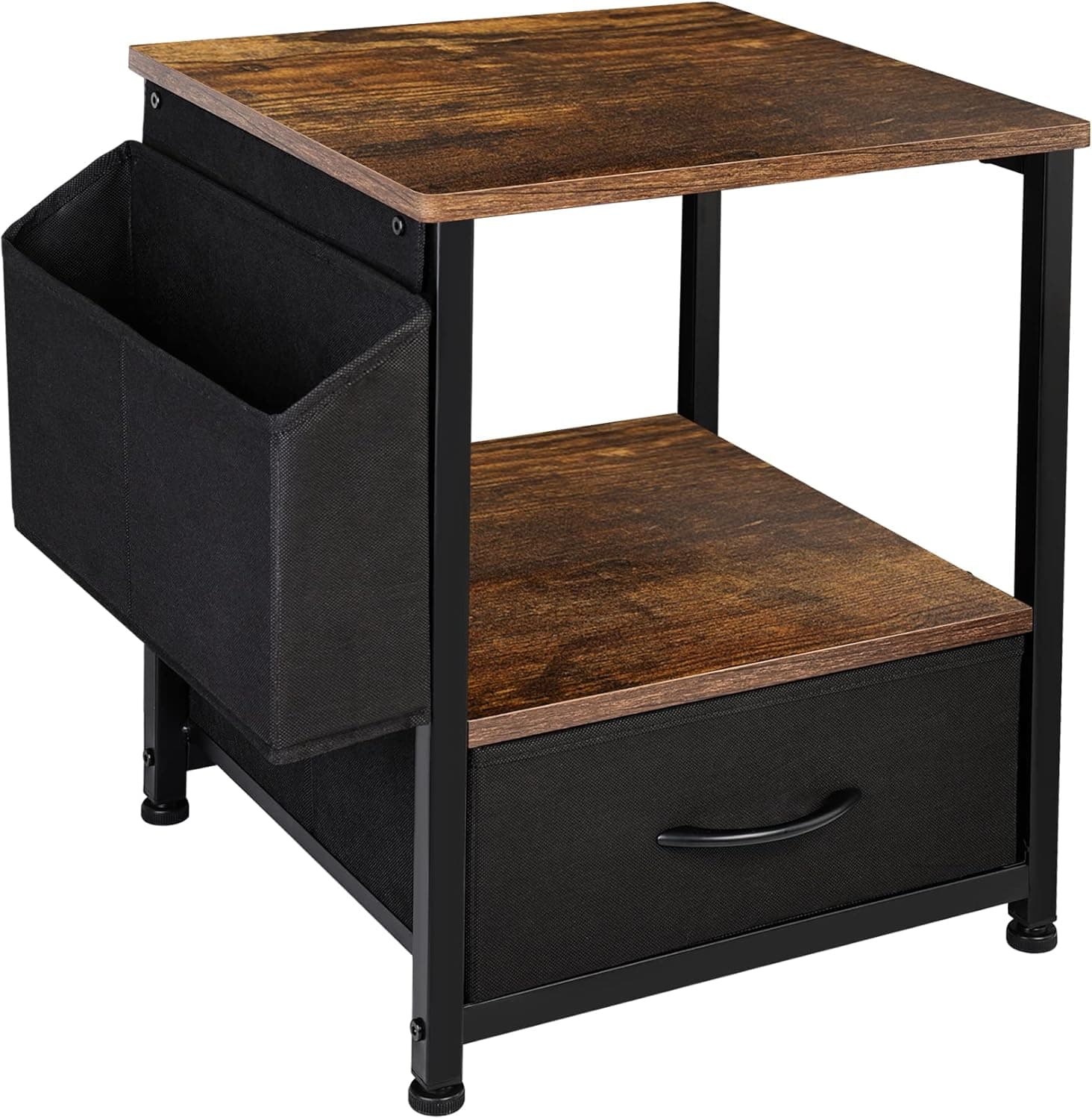 Industrial Nightstand with Drawer and Storage Bag, Sofa Side Table Furniture Metal Frame for Bedroom, Living Room, Sofa, Couch, Hall, Entryway, Office, Easy Assembly (Rustic Brown)