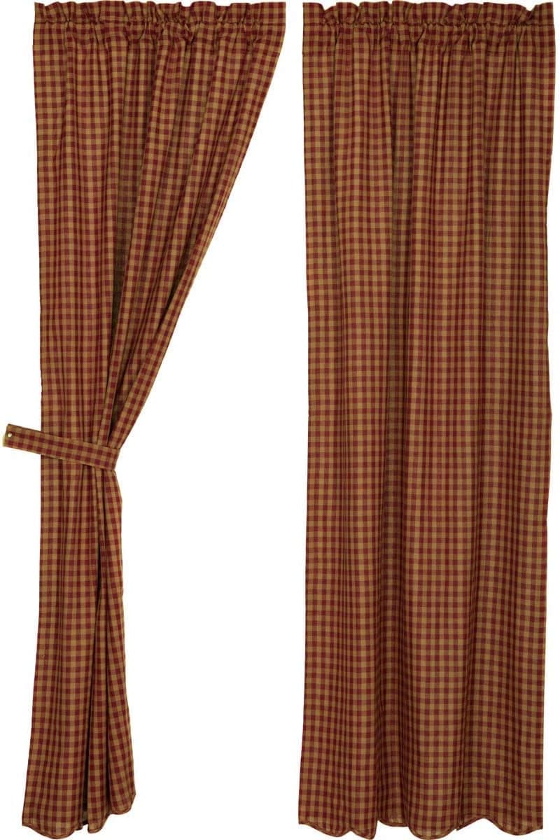 Ninepatch Star Panel Burgundy Check Scalloped Lined Set of 2-40x84"