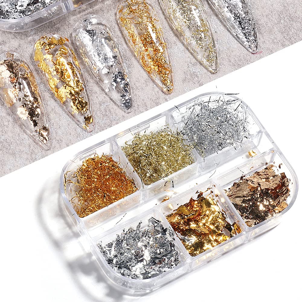 HAOYAN Golden Silver Nail Art Foil Paper Irregular Aluminum Nail Sticker Manicures Glitter Gel Polish Nail Decoration Nail Art Supplies Gold Nail Decals