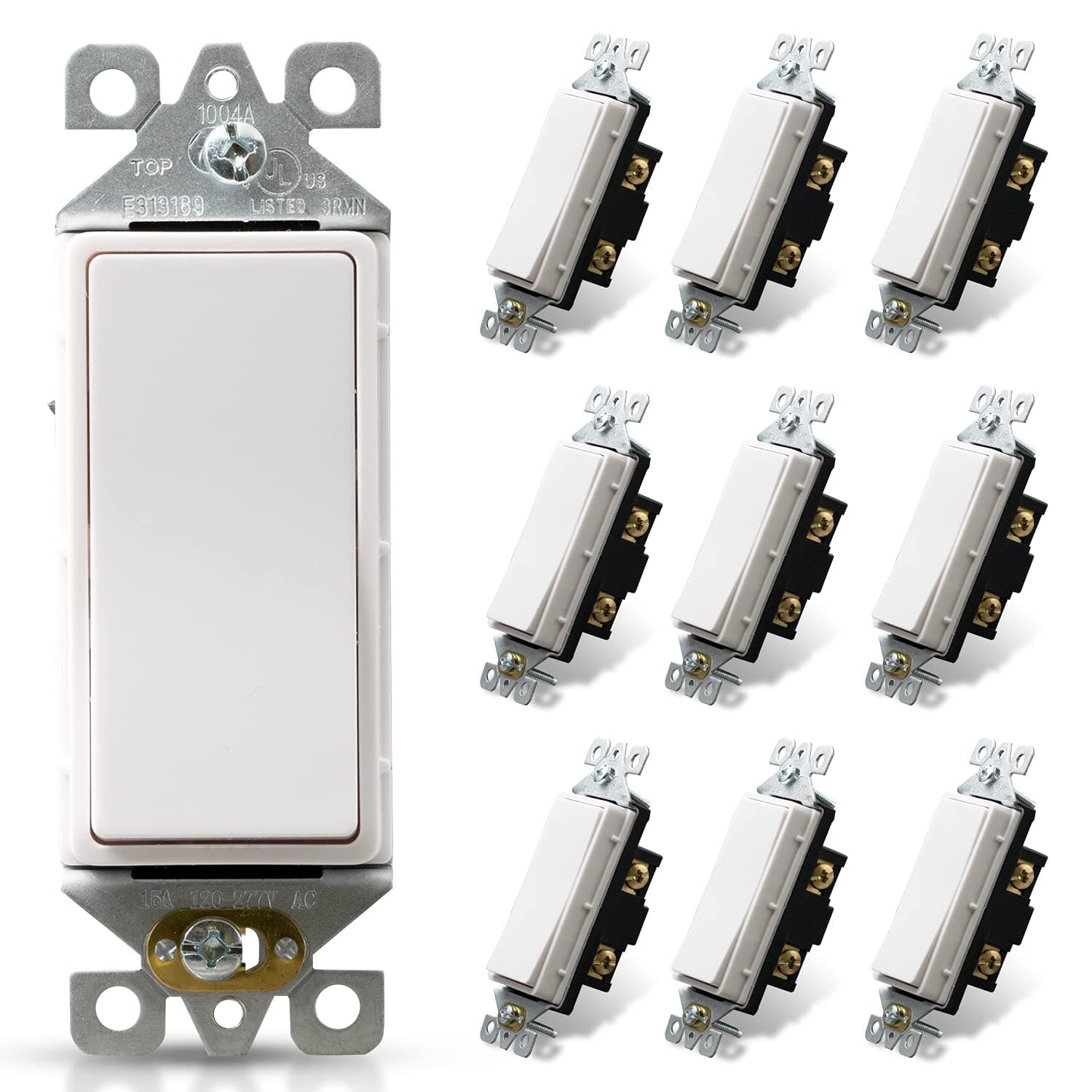 ELEGRP Glossy White Single Pole Decorator Light Switch, 15Amp, 120/277V, Decorative Paddle Rocker Switch Replacement, On/Off Wall Switch, Self-Grounding, Residential/Commercial Grade, 10 Pack, UL/CUL,
