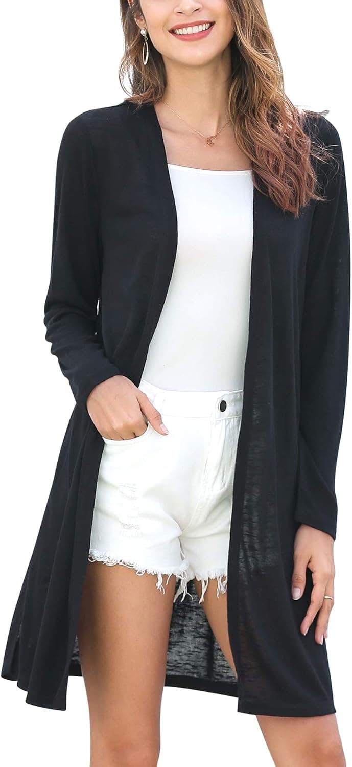 Women's Draped Open-Front Long Cardigan Sweater Lightweight Summer Long Sleeve Duster Cardigan
