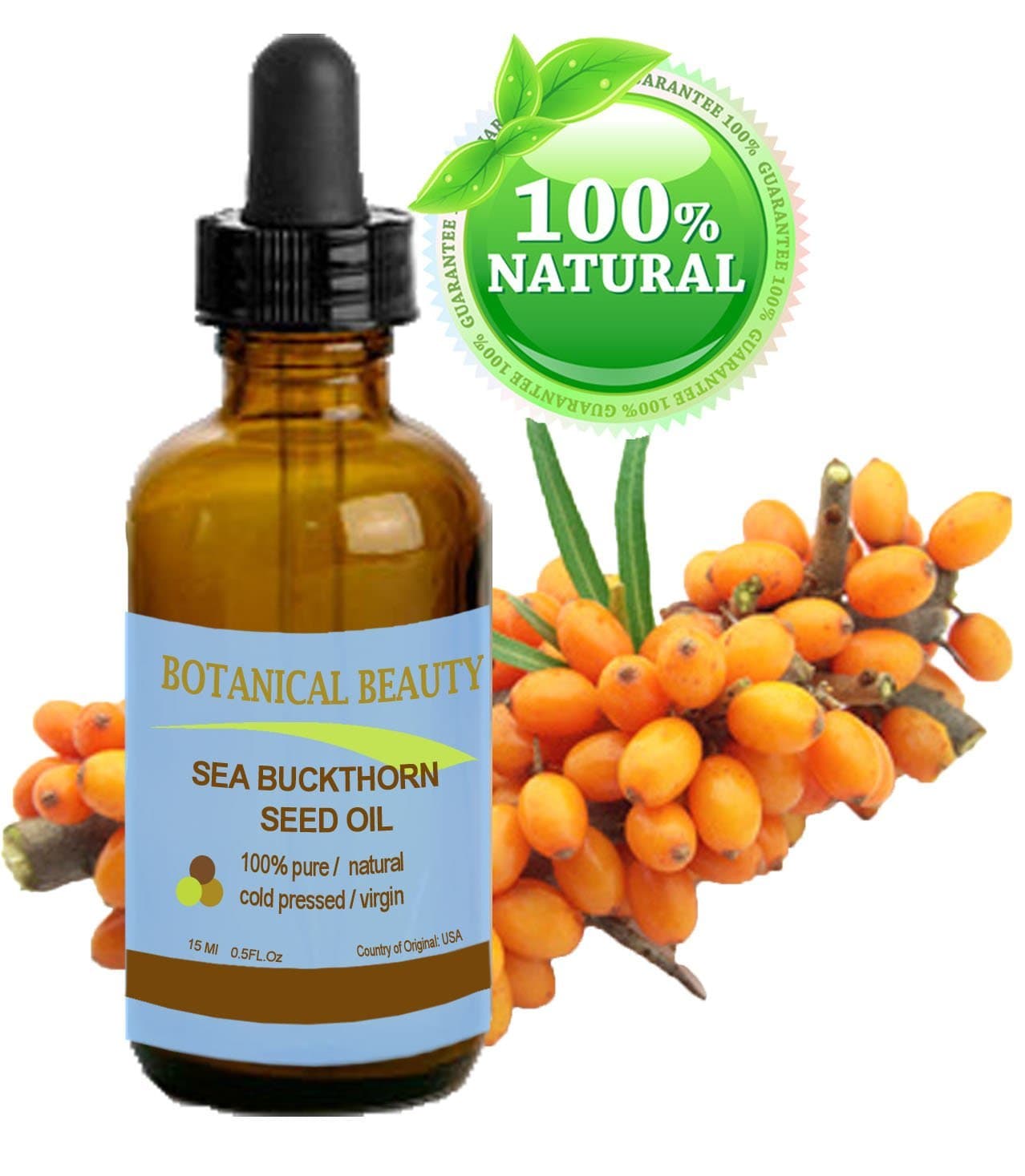 Botanical Beauty SEABUCKTHORN SEED OIL 100% Pure. Skin Care. Effectively Reduces Wrinkles, Dryness and Skin Lines. 0.5 Fl.oz.- 15 ml.